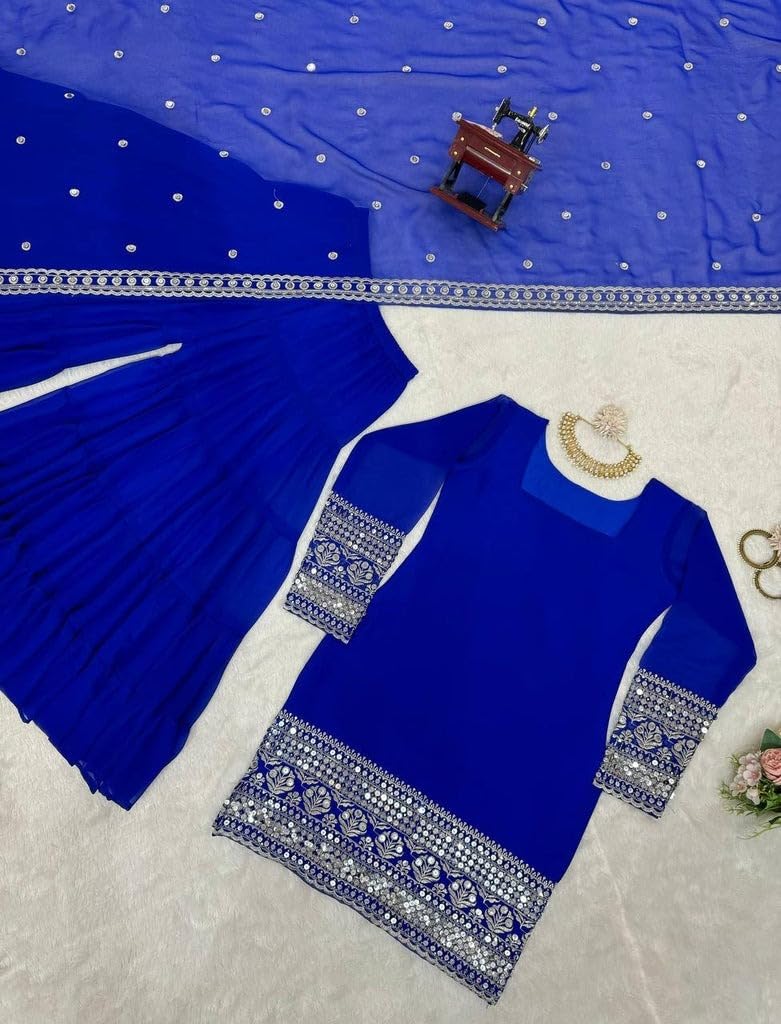 Royal Blue Embellished Sahara with Square Neck Top, sharara and Dupatta, Traditional Indian Wear