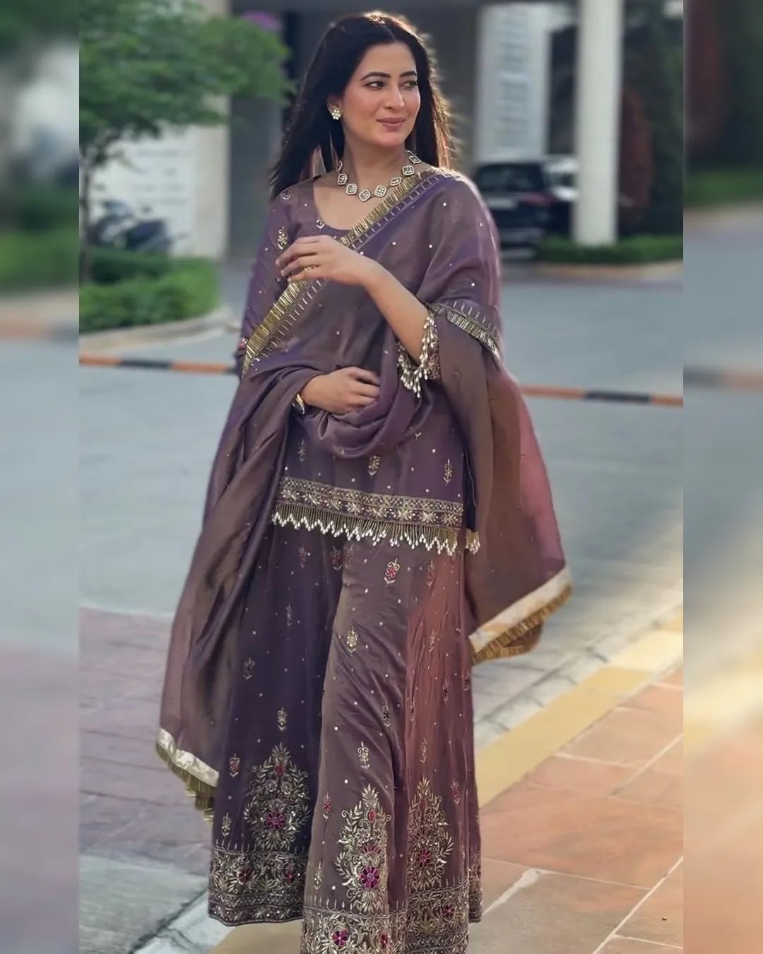 Purple Net Embroidered Sharara Suit with Dupatta | Ethic | dress | wedding | party | comfortable | heavy