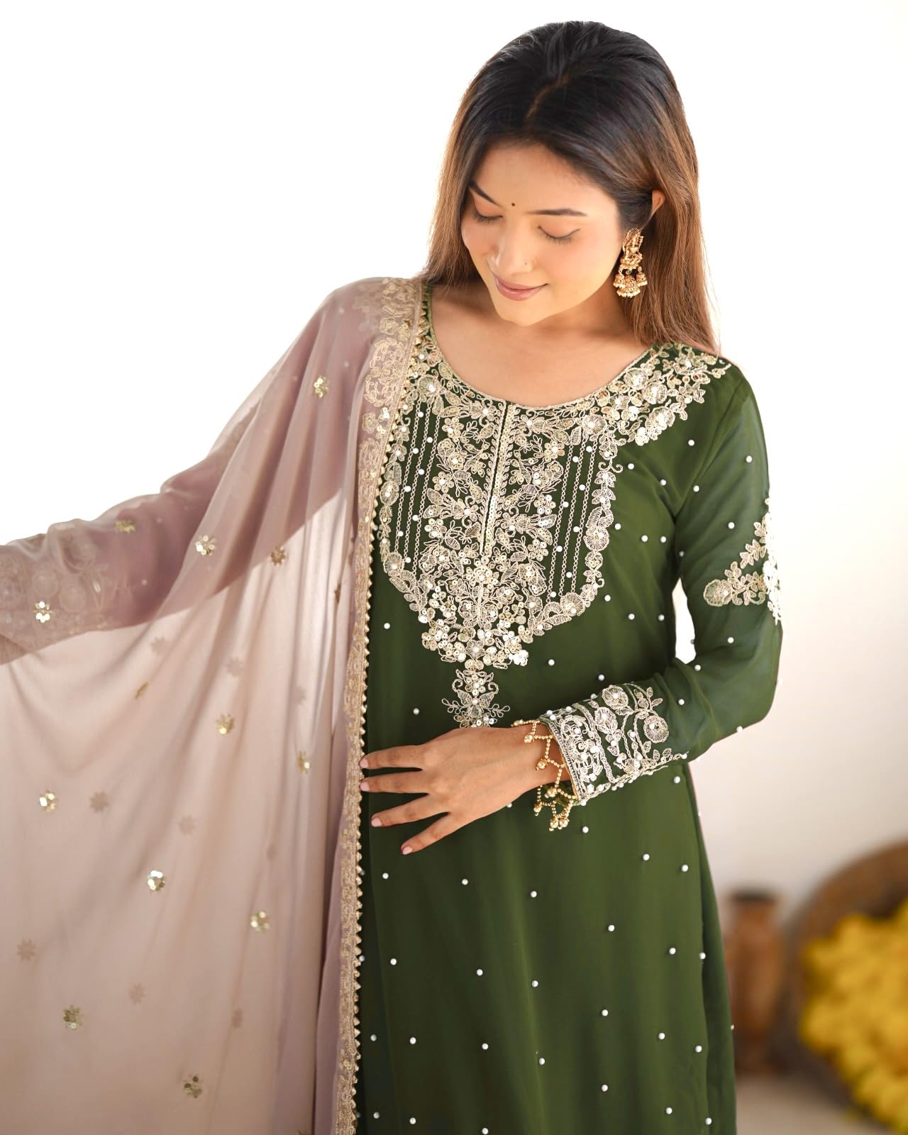 Women's Embroidered Anarkali Kurta with Sharara & Dupatta - Women Croset Embroidered Kurta and Sharara Set with Dupatta