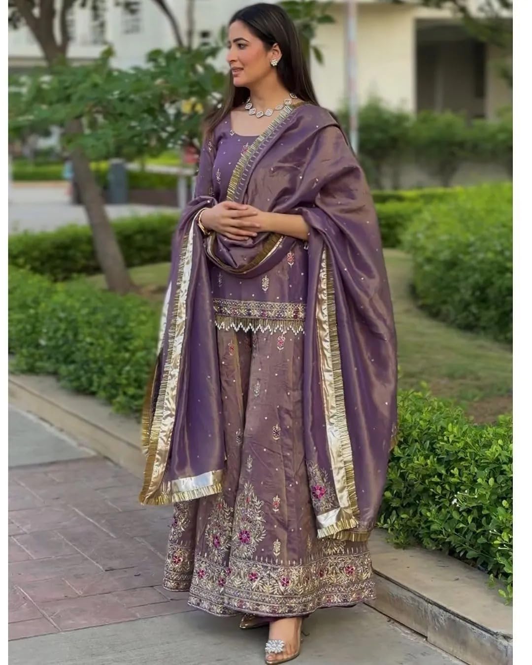 Purple Net Embroidered Sharara Suit with Dupatta | Ethic | dress | wedding | party | comfortable | heavy