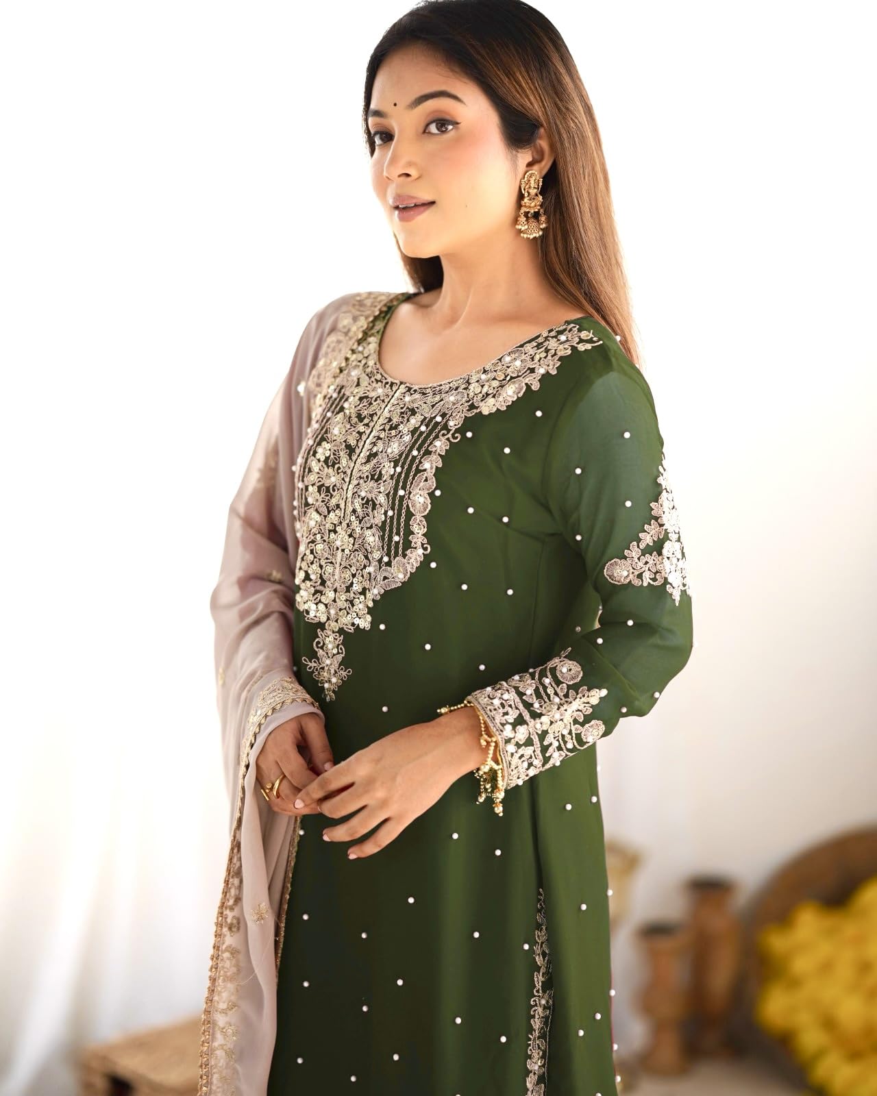 Women's Embroidered Anarkali Kurta with Sharara & Dupatta - Women Croset Embroidered Kurta and Sharara Set with Dupatta