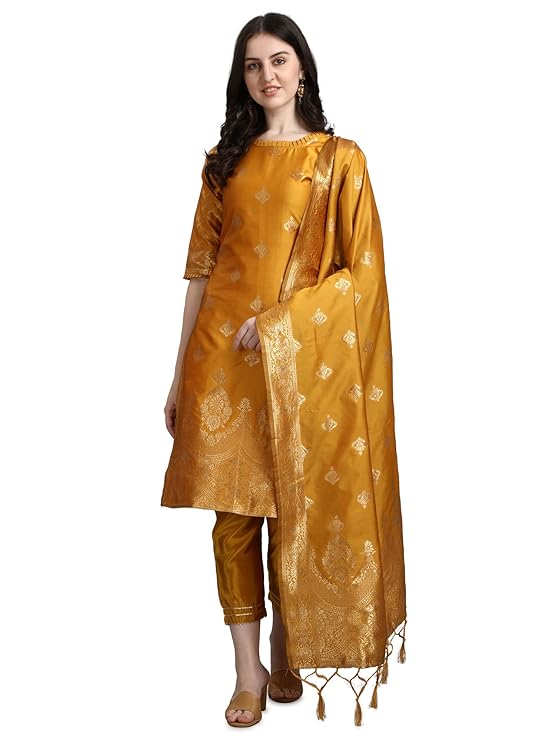 Women's Cotton Silk Jacquard Kurta Pant with Dupatta Set