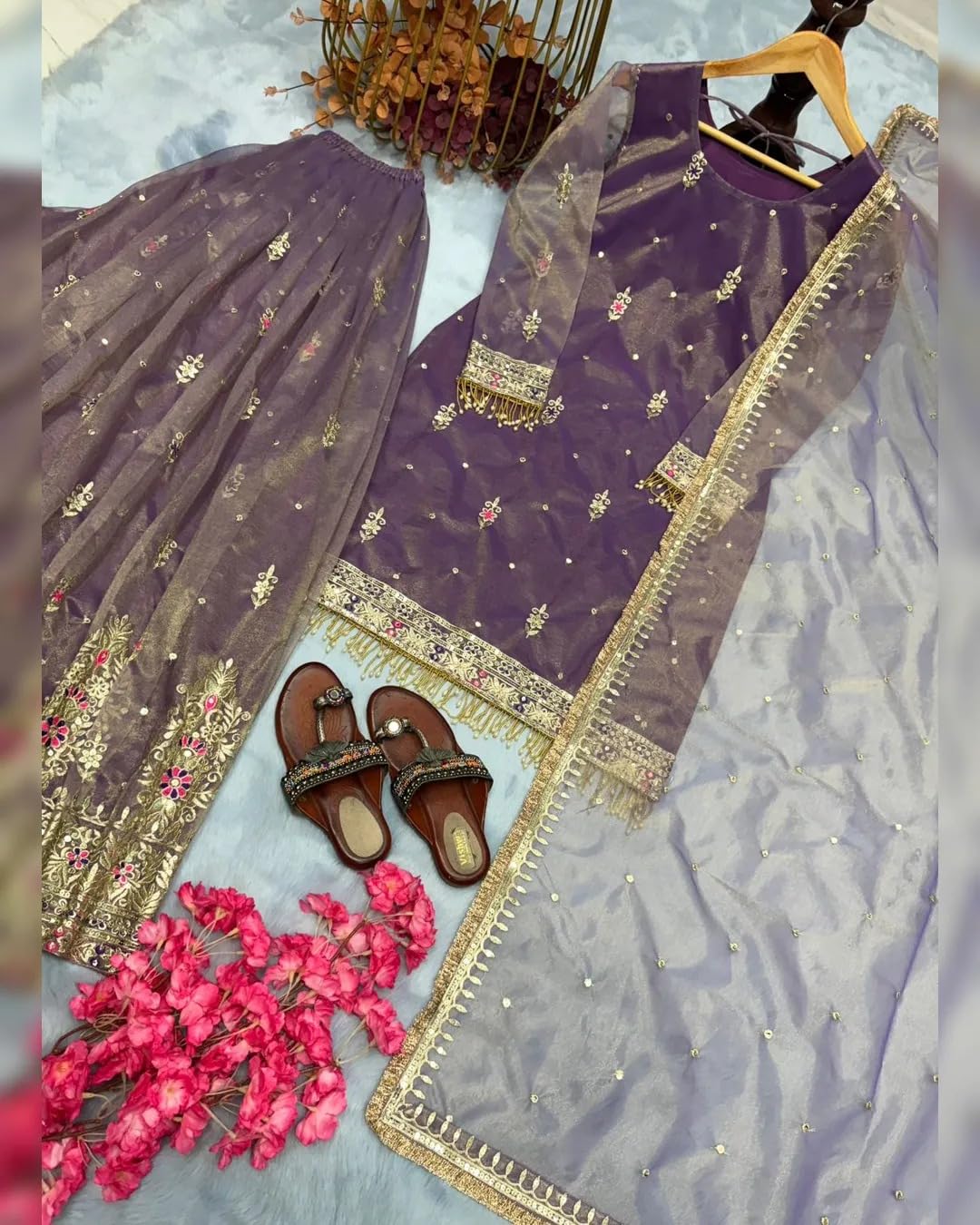 Purple Net Embroidered Sharara Suit with Dupatta | Ethic | dress | wedding | party | comfortable | heavy