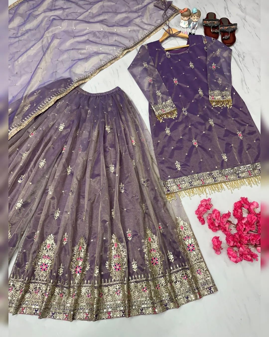 Purple Net Embroidered Sharara Suit with Dupatta | Ethic | dress | wedding | party | comfortable | heavy