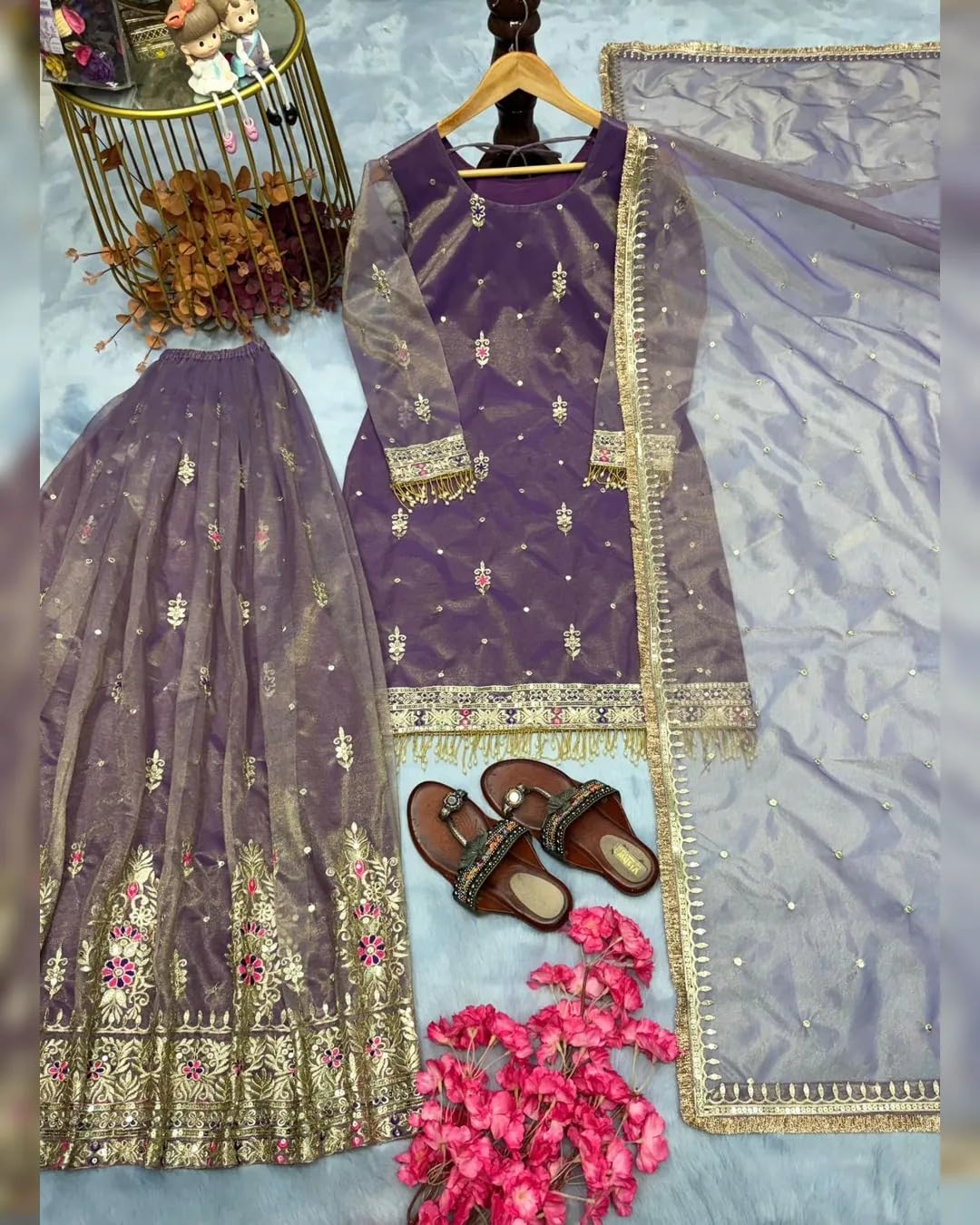 Purple Net Embroidered Sharara Suit with Dupatta | Ethic | dress | wedding | party | comfortable | heavy