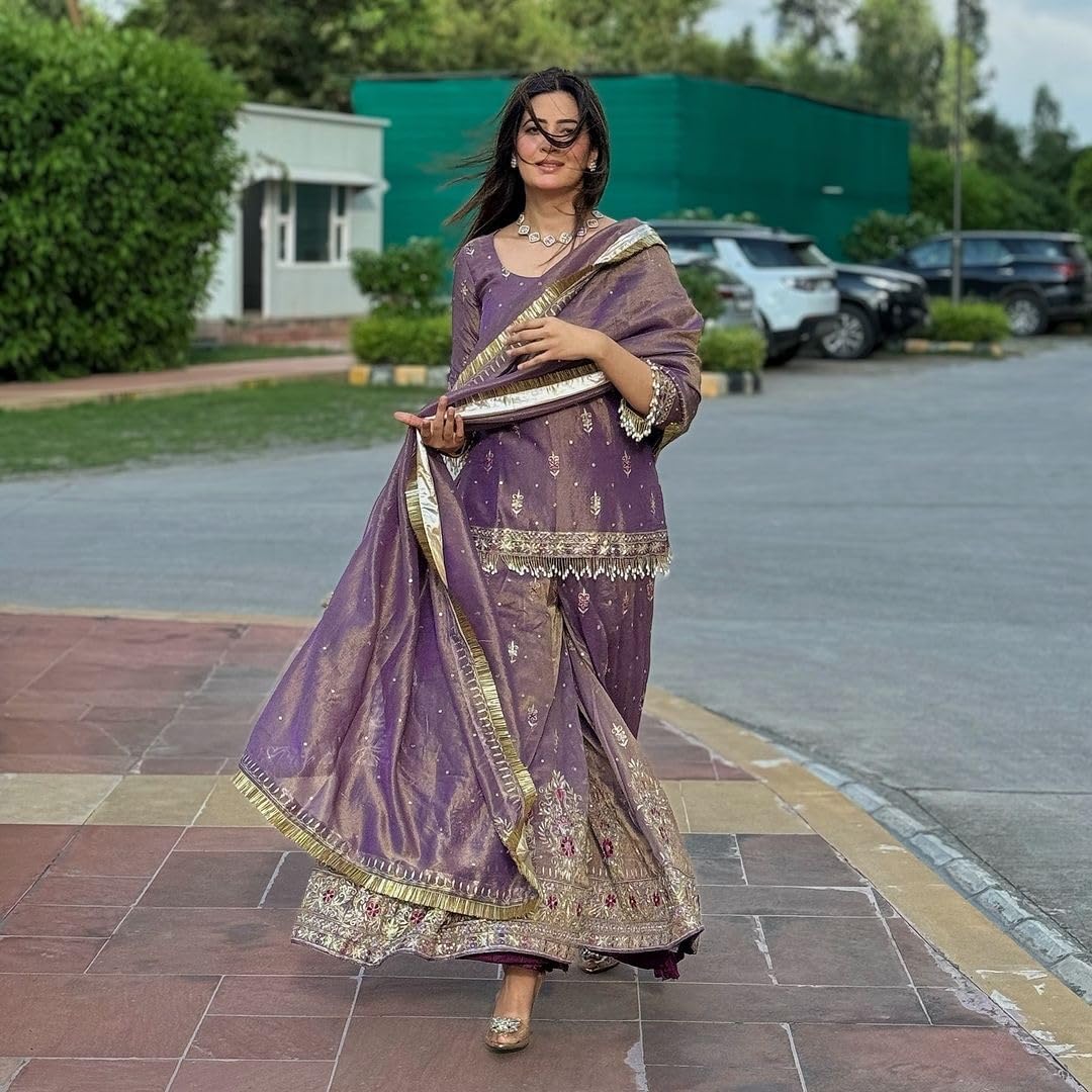 Purple Net Embroidered Sharara Suit with Dupatta | Ethic | dress | wedding | party | comfortable | heavy