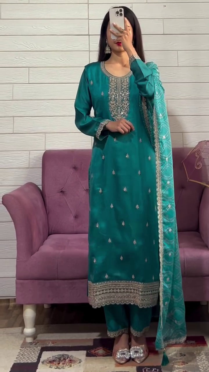 DESIGNER SEQUENCE EMBROIDERED WORK TOP AND PANT WITH DUPATTA