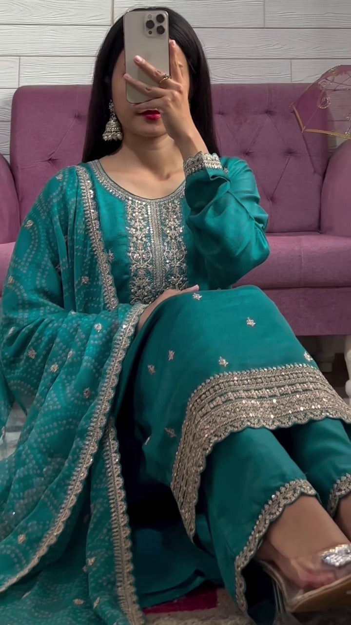 DESIGNER SEQUENCE EMBROIDERED WORK TOP AND PANT WITH DUPATTA