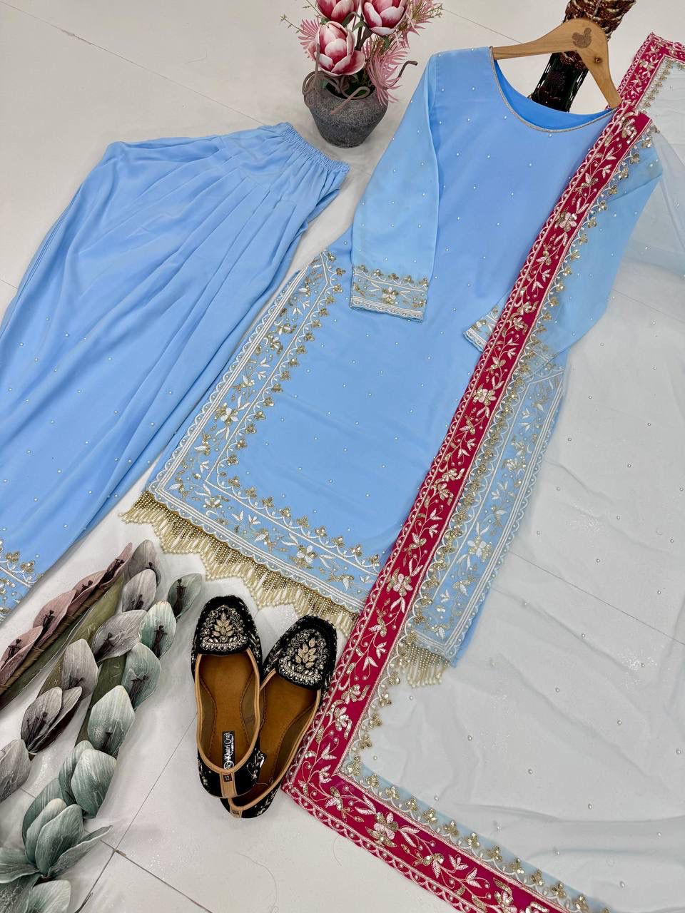 DESIGNER HEAVY DIAMOND &GEORGETTE EMBROIDERED PLAZZO DUPATTA SET