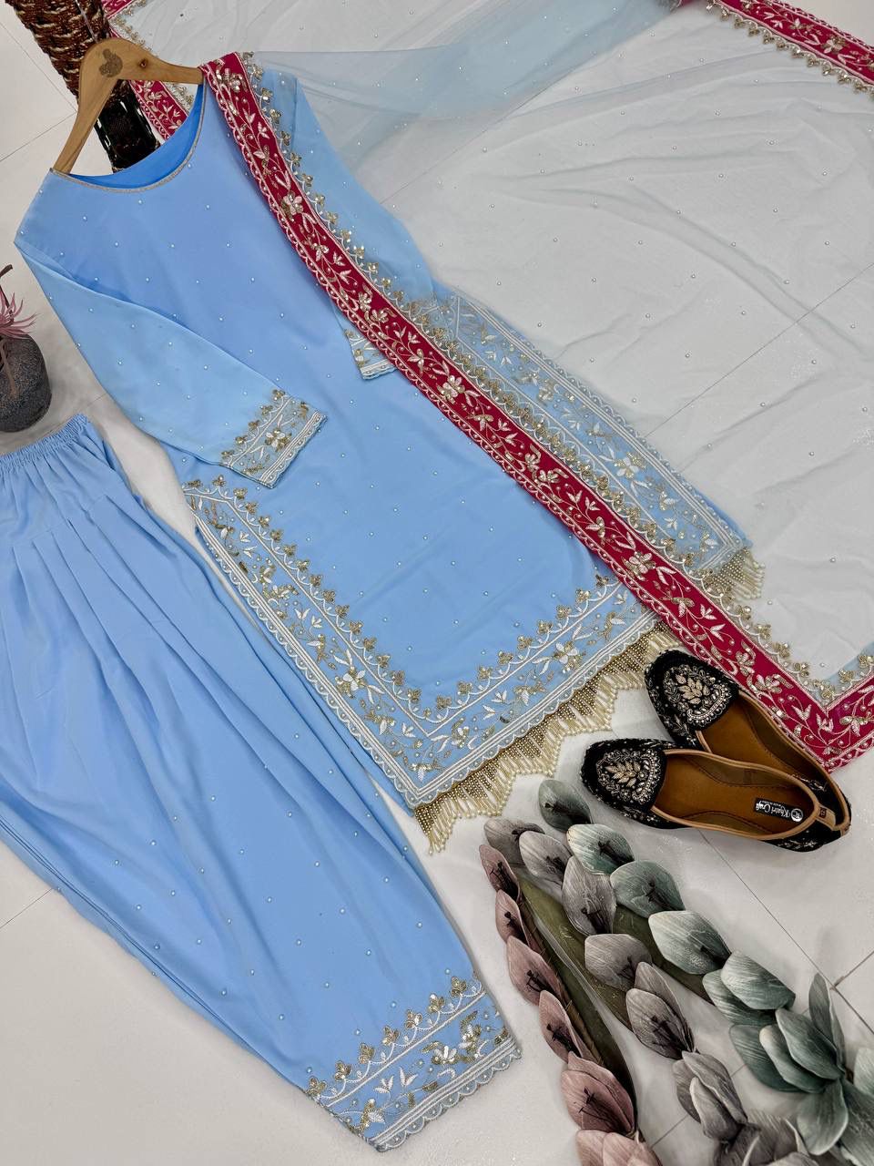 DESIGNER HEAVY DIAMOND &GEORGETTE EMBROIDERED PLAZZO DUPATTA SET