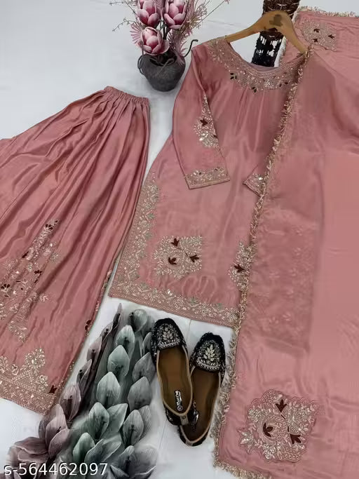 DESIGNER PARTY WEAR EMBROIDERY SEQUENCES KURTA AND PALAZZO WITH DUPATTA SUIT