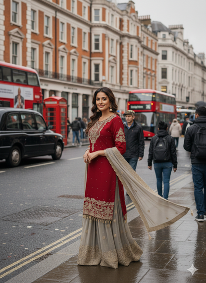 Red Pakistani Sharara Ready To Wear Punjabi Wedding Party Suit