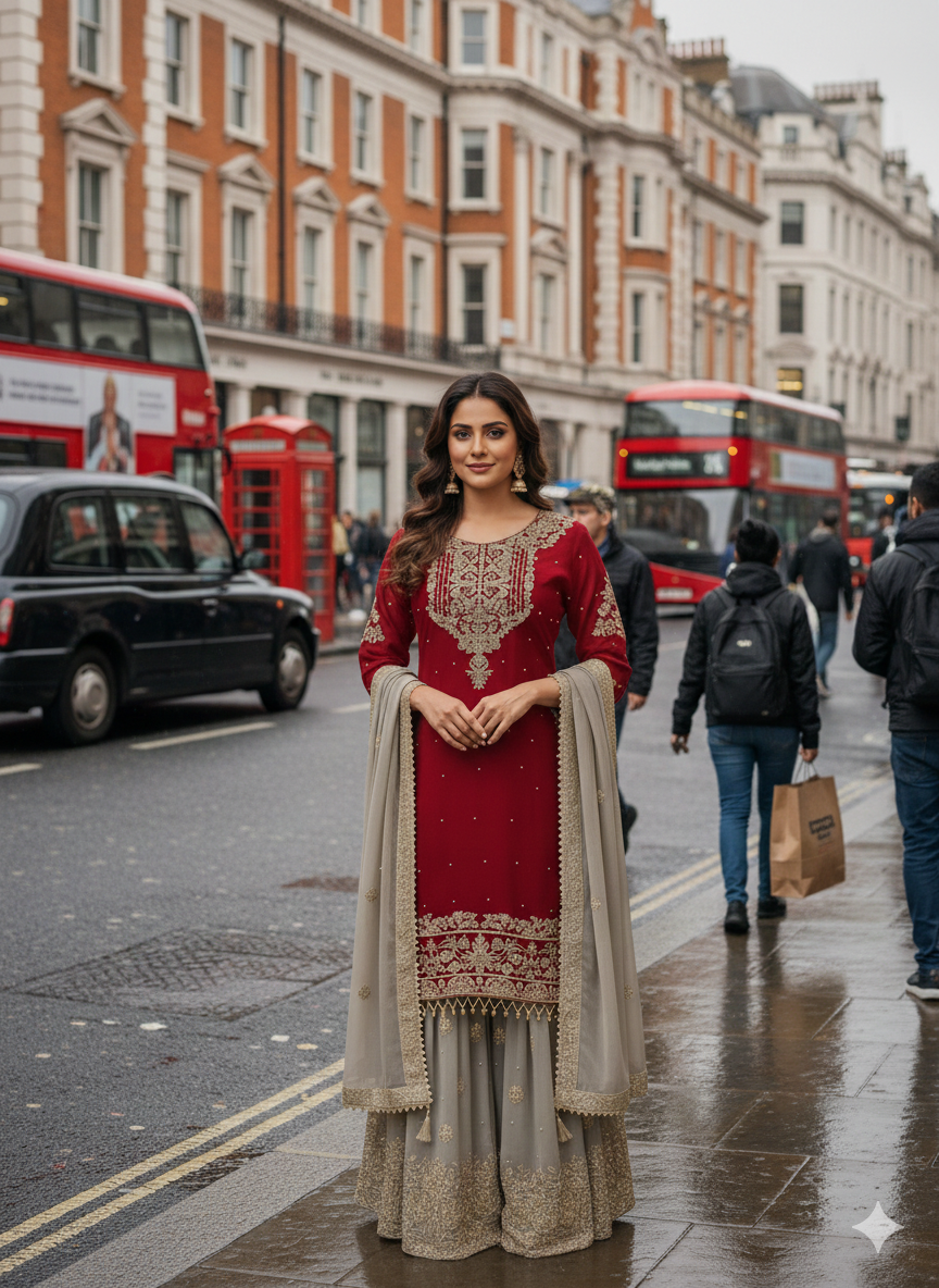 Red Pakistani Sharara Ready To Wear Punjabi Wedding Party Suit