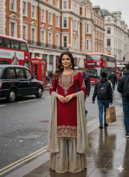 Red Pakistani Sharara Ready To Wear Punjabi Wedding Party Suit
