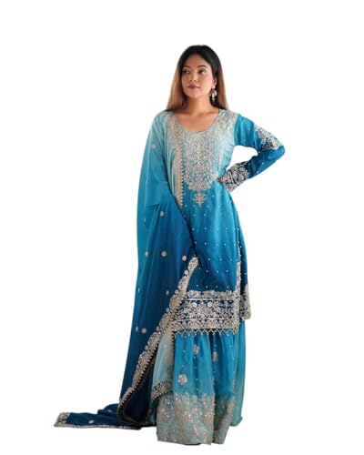 Women's Chinon Silk Sequence with Rivet Moti Work Straight Kurta with Sharara and Dupatta Set