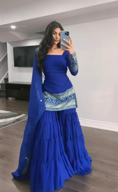 Royal Blue Embellished Sahara with Square Neck Top, sharara and Dupatta, Traditional Indian Wear