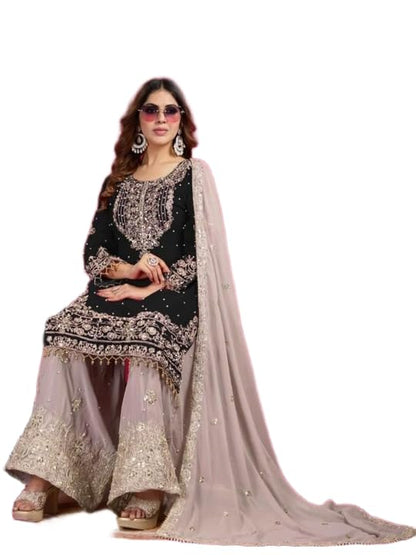 Women's Embroidered Anarkali Kurta with Sharara & Dupatta - Women Croset Embroidered Kurta and Sharara Set with Dupatta