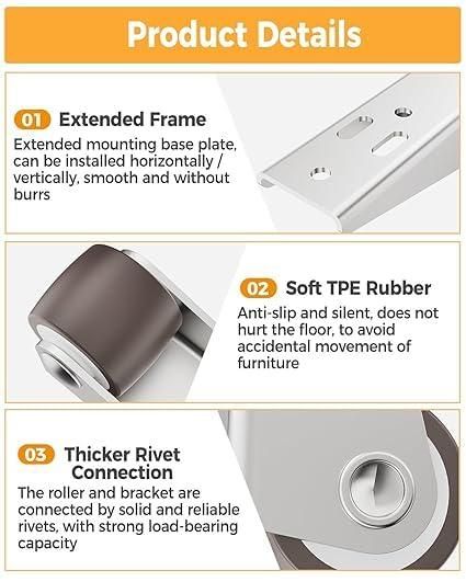 (4 Pcs) Heavy-Duty Rigid Caster Wheel for Wooden Doors – Durable Silent Rubber Roller with Metal L-Shaped Side Mount – Smooth & Quiet Operation for Sliding, Swing, Interior, Closet &Uneven Door