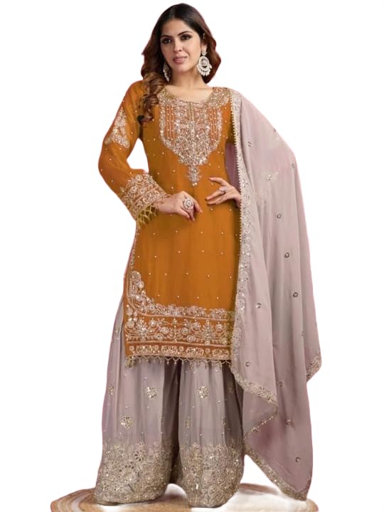 Women's Embroidered Anarkali Kurta with Sharara & Dupatta - Women Croset Embroidered Kurta and Sharara Set with Dupatta