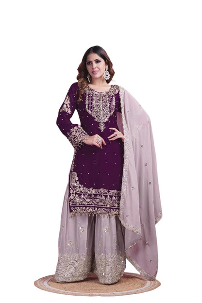 Women's Embroidered Anarkali Kurta with Sharara & Dupatta - Women Croset Embroidered Kurta and Sharara Set with Dupatta