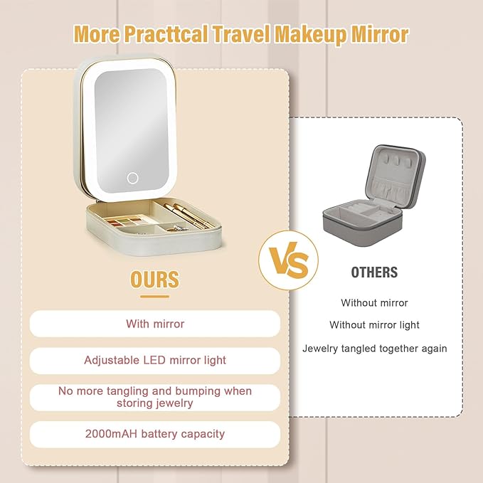 Color LED Travel Jewelry Case and Makeup Bag with Mirror, Dust-Proof Jewelry Box, 10 Sealed Jewelry Bags - Compact Cosmetic Mirror Case for Women Girls Travel Essentials