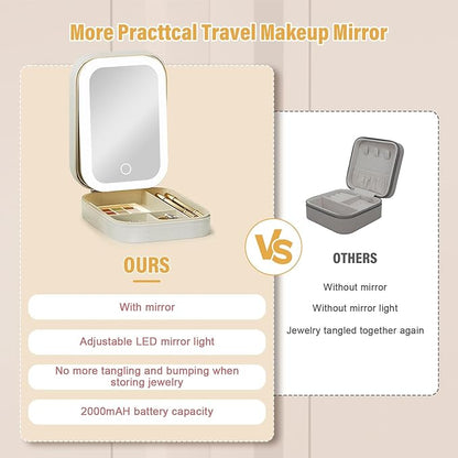 Color LED Travel Jewelry Case and Makeup Bag with Mirror, Dust-Proof Jewelry Box, 10 Sealed Jewelry Bags - Compact Cosmetic Mirror Case for Women Girls Travel Essentials