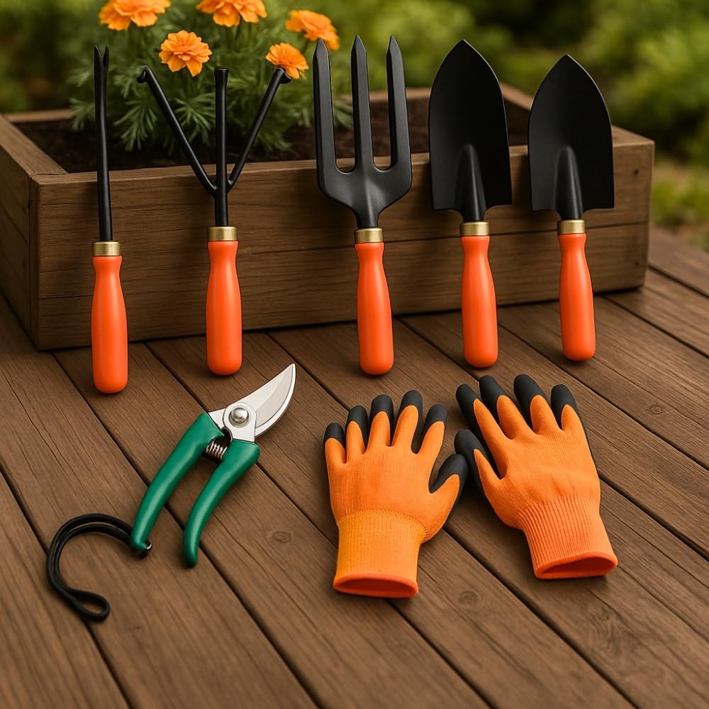 Gardening Tools Kit for Home Garden - (Cultivator, Fork, Trowels, Weeder, Gloves, Pruner Cutter), Lightweight, Portable, Durable Gardening Items for Indoor and Outdoor Use