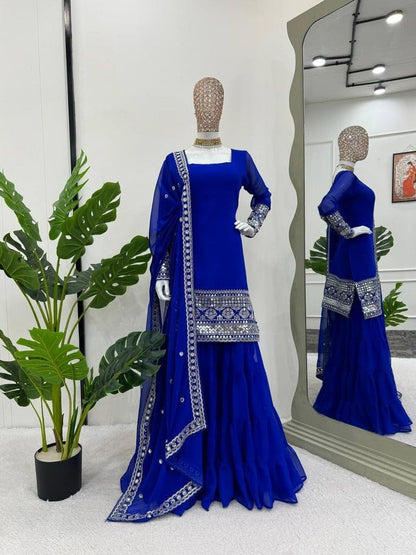 Royal Blue Embellished Sahara with Square Neck Top, sharara and Dupatta, Traditional Indian Wear
