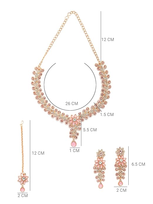 Charming AD Diamonds Studded Floral Choker Necklace with Danlge Earrings Maangtikka Jewellery Set for Women & Girls