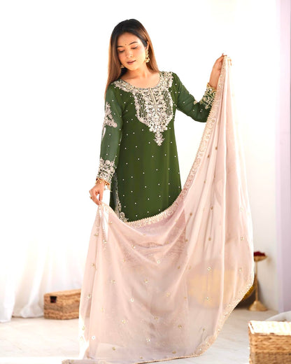 Women's Embroidered Anarkali Kurta with Sharara & Dupatta - Women Croset Embroidered Kurta and Sharara Set with Dupatta
