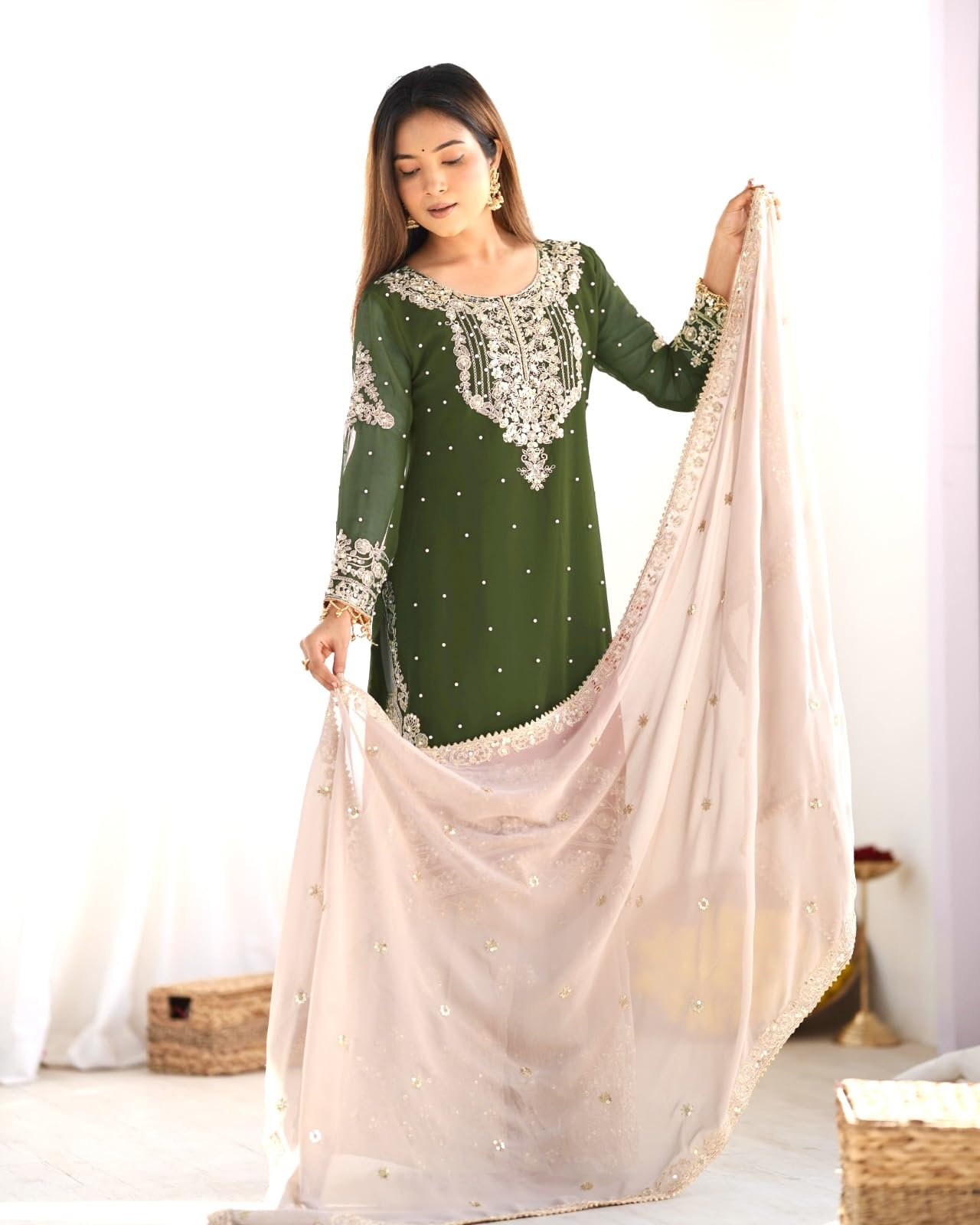 Women's Embroidered Anarkali Kurta with Sharara & Dupatta - Women Croset Embroidered Kurta and Sharara Set with Dupatta