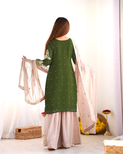 Women's Embroidered Anarkali Kurta with Sharara & Dupatta - Women Croset Embroidered Kurta and Sharara Set with Dupatta
