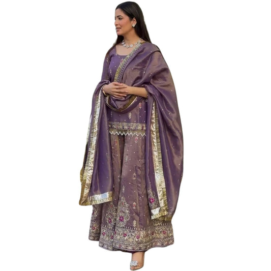 Purple Net Embroidered Sharara Suit with Dupatta | Ethic | dress | wedding | party | comfortable | heavy