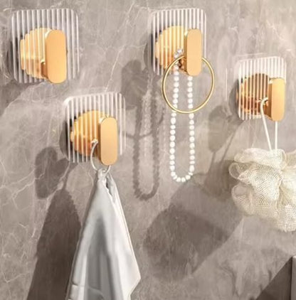 (Pack of 4) - Premium Transparent Wall Hooks with Gold Finish | No Drill Self Adhesive Wall Hooks
