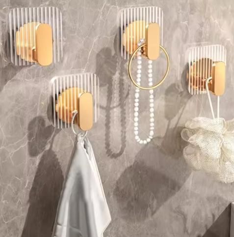 (Pack of 4) - Premium Transparent Wall Hooks with Gold Finish | No Drill Self Adhesive Wall Hooks