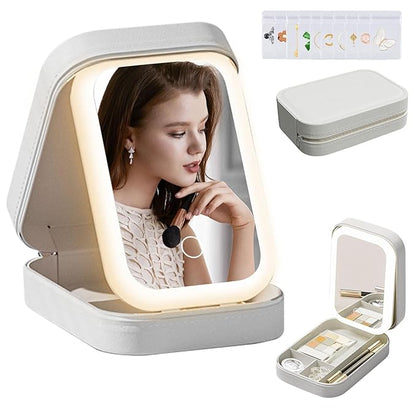 Color LED Travel Jewelry Case and Makeup Bag with Mirror, Dust-Proof Jewelry Box, 10 Sealed Jewelry Bags - Compact Cosmetic Mirror Case for Women Girls Travel Essentials