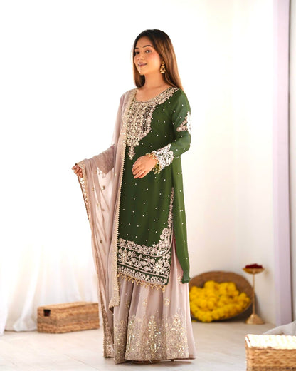 Women's Embroidered Anarkali Kurta with Sharara & Dupatta - Women Croset Embroidered Kurta and Sharara Set with Dupatta