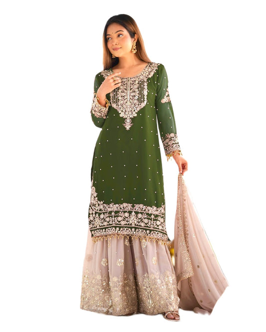 Women's Embroidered Anarkali Kurta with Sharara & Dupatta - Women Croset Embroidered Kurta and Sharara Set with Dupatta