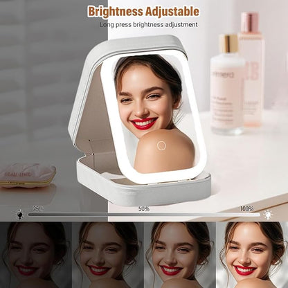 Color LED Travel Jewelry Case and Makeup Bag with Mirror, Dust-Proof Jewelry Box, 10 Sealed Jewelry Bags - Compact Cosmetic Mirror Case for Women Girls Travel Essentials