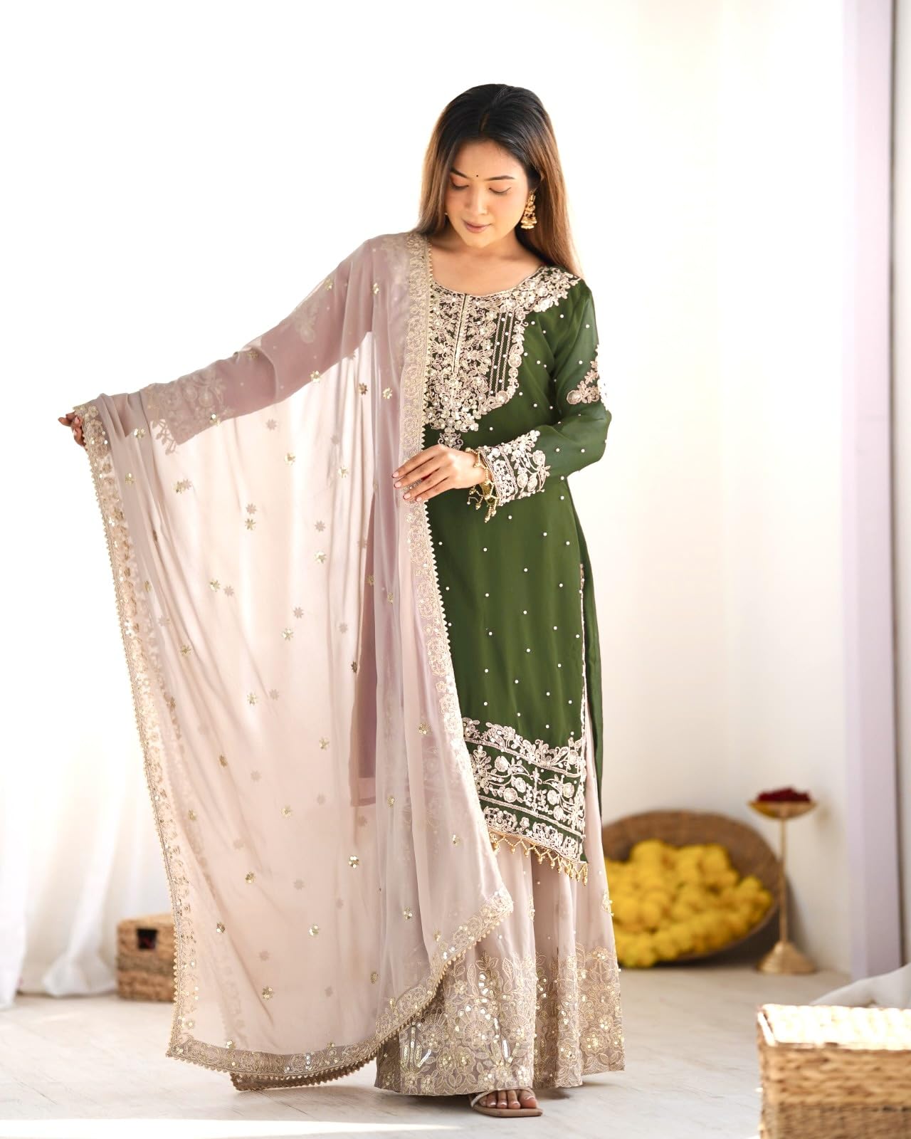 Women's Embroidered Anarkali Kurta with Sharara & Dupatta - Women Croset Embroidered Kurta and Sharara Set with Dupatta