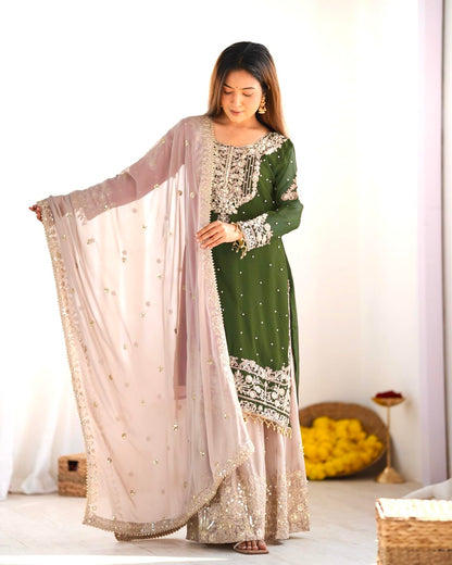 Women's Embroidered Anarkali Kurta with Sharara & Dupatta - Women Croset Embroidered Kurta and Sharara Set with Dupatta
