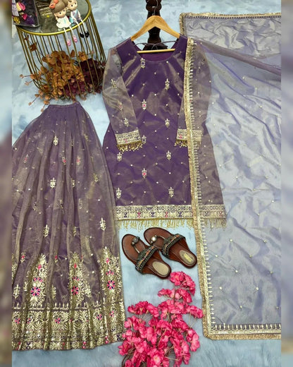 Purple Net Embroidered Sharara Suit with Dupatta | Ethic | dress | wedding | party | comfortable | heavy
