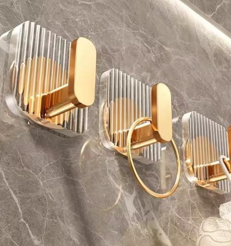 (Pack of 4) - Premium Transparent Wall Hooks with Gold Finish | No Drill Self Adhesive Wall Hooks