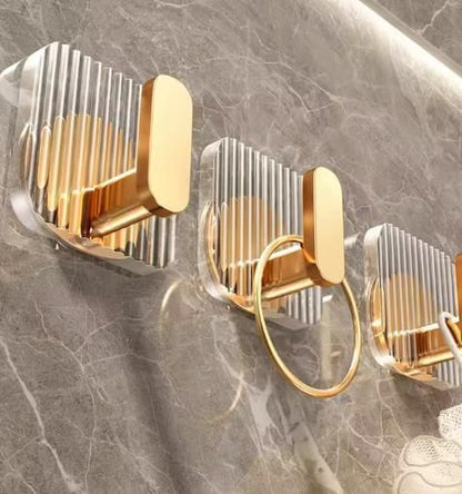 (Pack of 4) - Premium Transparent Wall Hooks with Gold Finish | No Drill Self Adhesive Wall Hooks