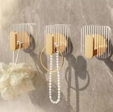 (Pack of 4) - Premium Transparent Wall Hooks with Gold Finish | No Drill Self Adhesive Wall Hooks