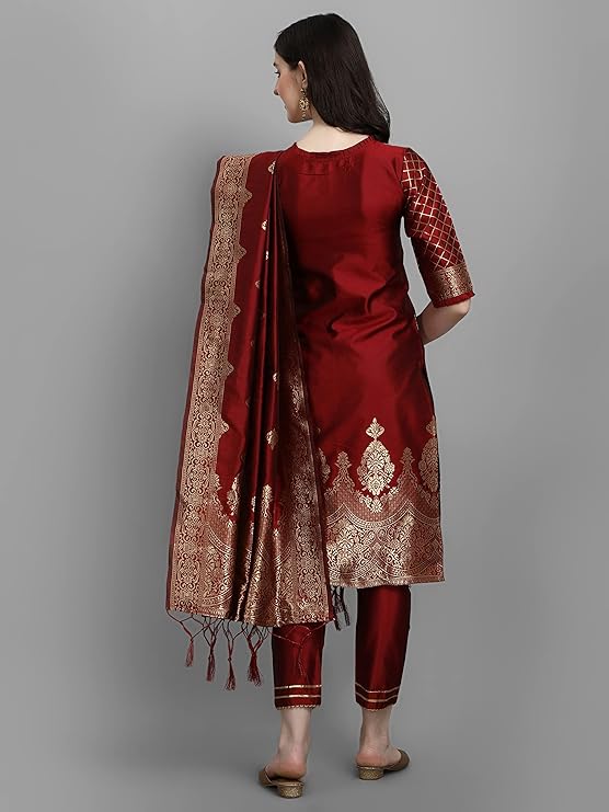 Women's Cotton Silk Jacquard Kurta Pant with Dupatta Set