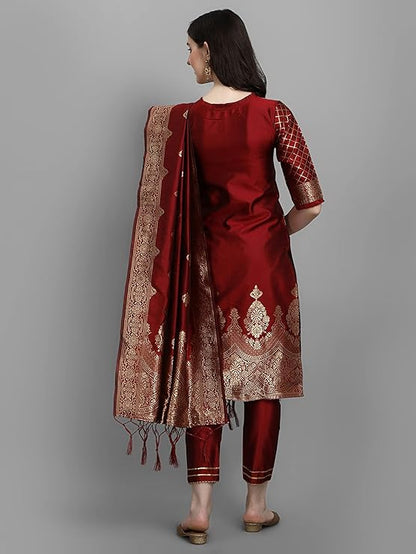 Women's Cotton Silk Jacquard Kurta Pant with Dupatta Set