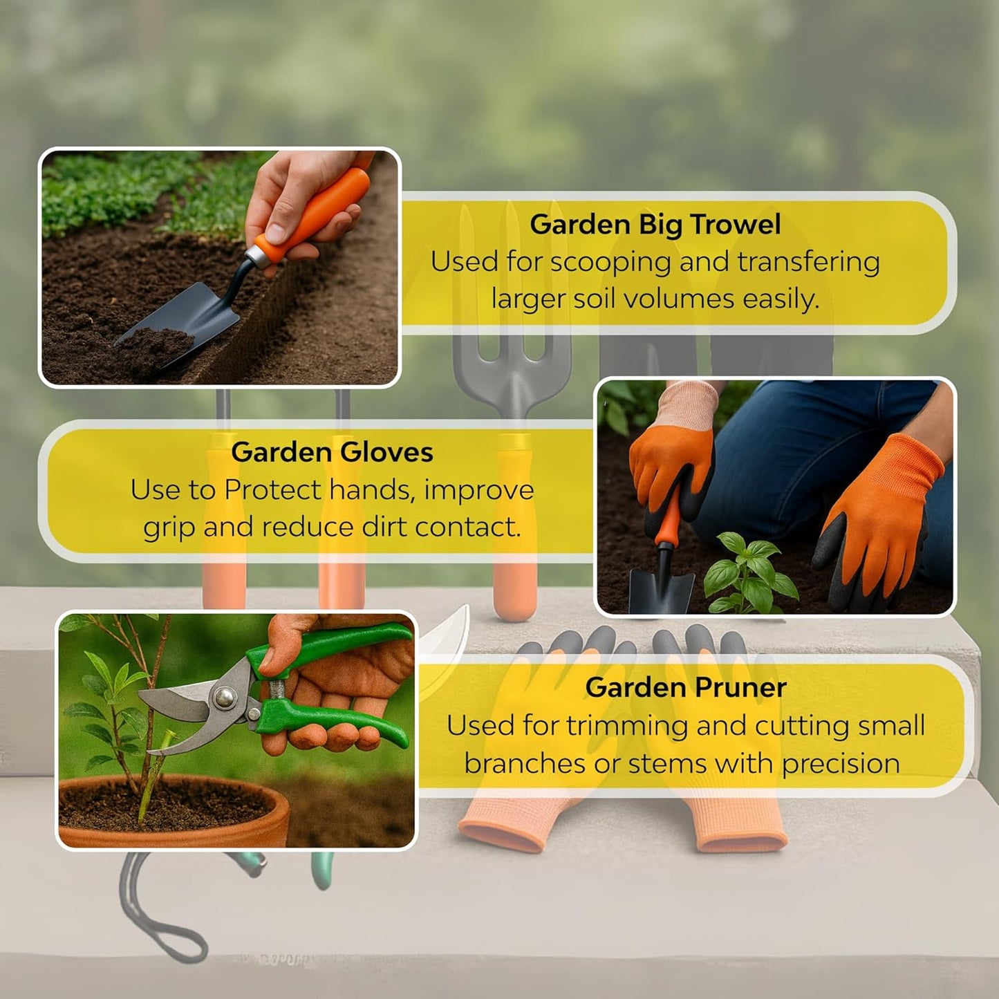 Gardening Tools Kit for Home Garden - (Cultivator, Fork, Trowels, Weeder, Gloves, Pruner Cutter), Lightweight, Portable, Durable Gardening Items for Indoor and Outdoor Use