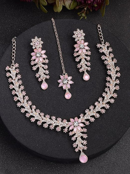 Charming AD Diamonds Studded Floral Choker Necklace with Danlge Earrings Maangtikka Jewellery Set for Women & Girls