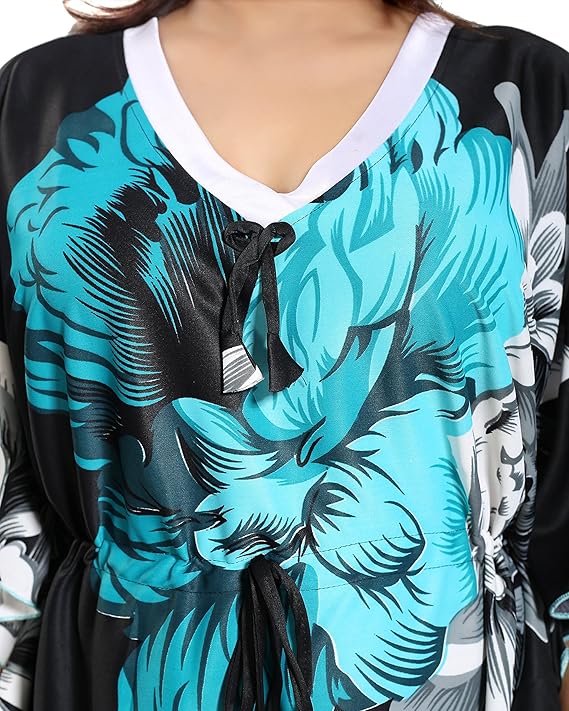 Noty Women's Kaftan Nighty | Serena Fabric | Floral Print Maxi | Short Sleeves | V Shaped Neck